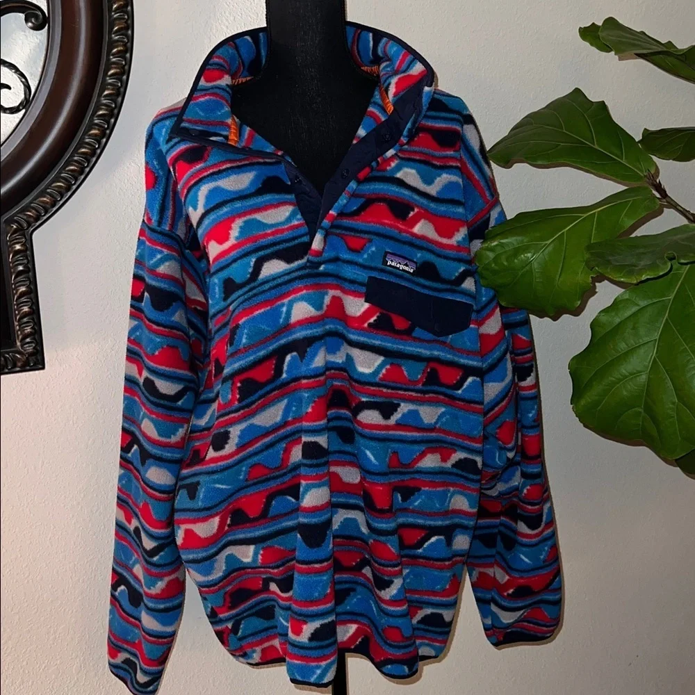 Patagonia Men’s Synchilla Snap-T Pullover Delta Wave Navy Blue Red White XXL